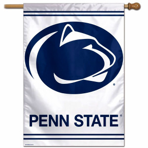 white vertical flag with navy Penn State below Athletic Logo